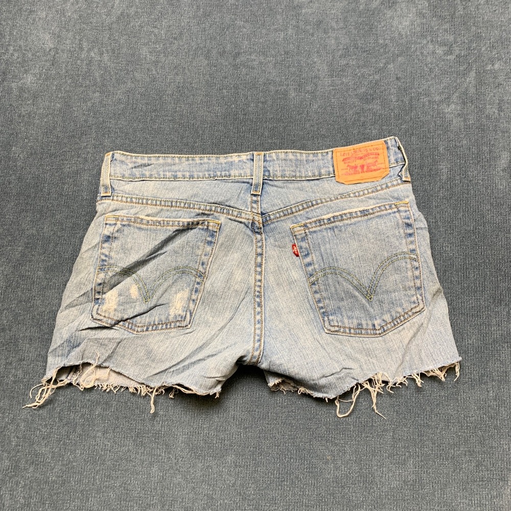 Levi's 518 Superlow Cut Off Shorts Womens Blue Denim Light Wash Red Tab Raw Hem - Picture 11 of 15